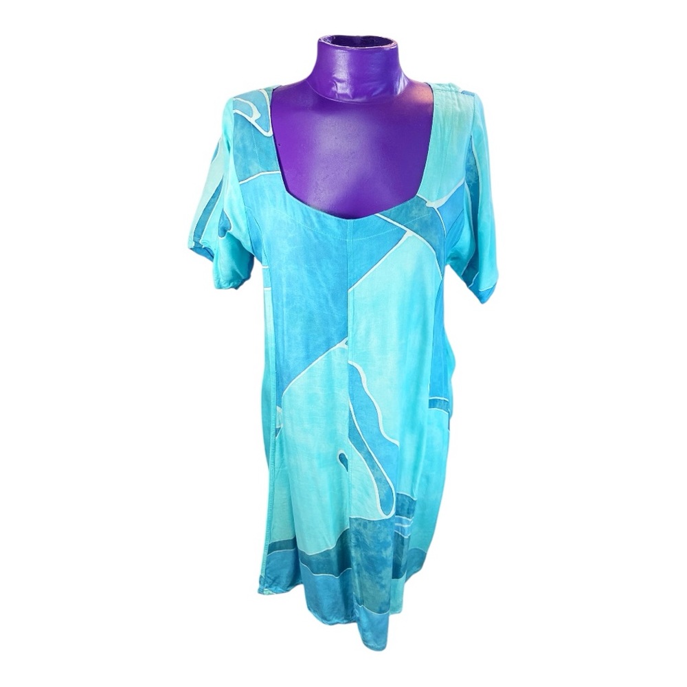 Las Manos vintage Blue Batik Rayon Tropical Short Sleeve Summer Dress L